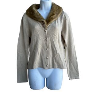 VTG HeartSoul Faux Fur Trim Cardigan Women's M Beige Button Sweater Old Money